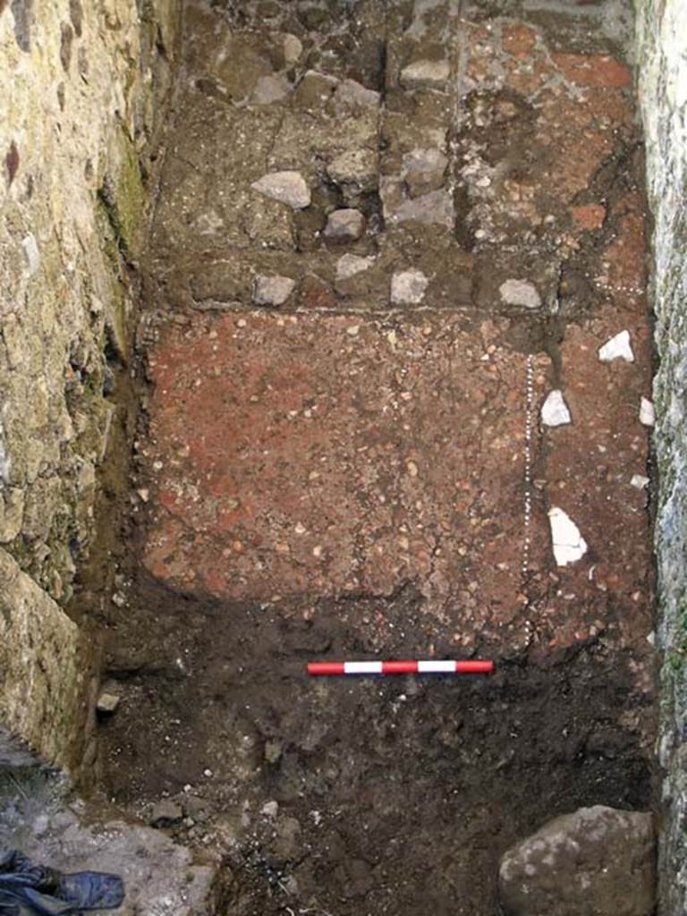 VI.25, Herculaneum. May 2004. Rear room, looking north across flooring.
The doorway to the front shop-room is on the lower left. Photo courtesy of Nicolas Monteix.